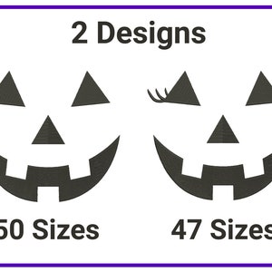 May include: Two black and white embroidery designs of a jack-o'-lantern face. One design has eyelashes and the other does not. The text "2 Designs" is above the designs and the text "50 Sizes" and "47 Sizes" are below the designs.