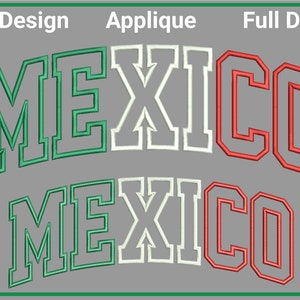 Op de afbeelding: Een gesplitst ontwerp, een applicatie en een volledig ontwerp van het woord "MEXICO" in groene, witte en rode letters. De letters zijn zwart omrand.
