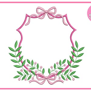 May include: A pink frame with a bow at the top and green leaves with pink berries on the sides. The frame is surrounded by a pink ribbon. The text "37 Sizes" is in a circle in the upper right corner.