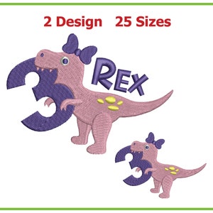 Pode incluir: Desenho bordado de um dinossauro rosa segurando um número 3 roxo. O dinossauro tem um laço na cabeça e o texto "REX" está bordado ao lado.