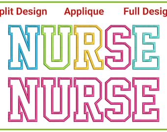 Può includere: Un disegno di ricamo per un'applicazione "INFERMIERA". Il disegno è mostrato in formati diviso, applicato e completo. Le lettere sono in un carattere grassetto e a blocchi con un contorno bianco. I colori sono blu, verde, giallo, rosa e turchese.