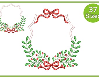 May include: A decorative frame design featuring a green wreath with red berries and bows. The frame has a scalloped edge and is adorned with a red ribbon. A green circle with the text "37 Sizes" is in the upper right corner.