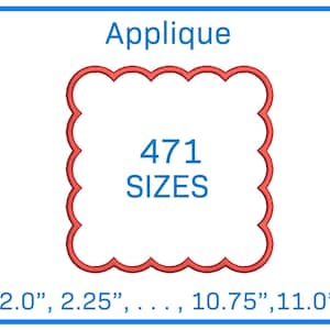 May include: A red applique with a scalloped edge. The applique has the text "471 SIZES" inside. The text below the applique reads "2.0", 2.25", ..., 10.75", 11.0".