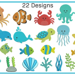 May include: A collection of 22 embroidered sea creature designs, including an octopus, seahorse, crab, fish, and starfish. The designs feature various colors and are suitable for crafting or embellishment projects.