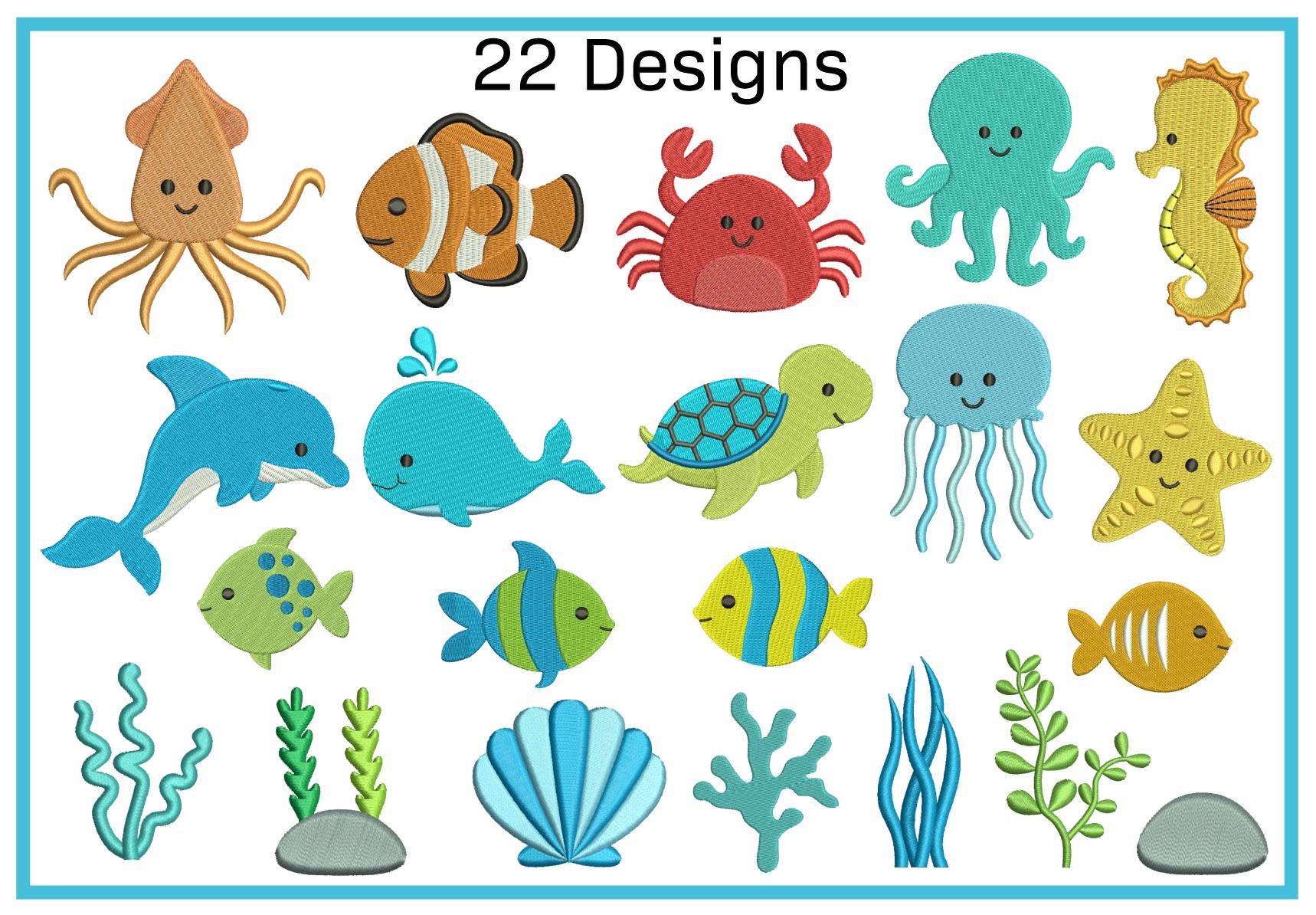Mini Sea Animals Embroidery, Set Baby Embroidery Design, Animals Embroidery Design, Crab Squid Jellyfish Starfish Octopus Whale Embroidery
