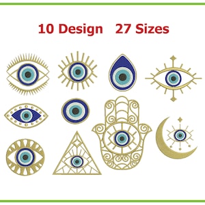 Puede incluir: Diez diseños diferentes del símbolo del mal de ojo en oro y azul. Los diseños incluyen un mal de ojo tradicional, un mal de ojo con un estallido de sol, un mal de ojo en forma de lágrima, un mal de ojo con un estallido de estrellas, un mal de ojo con un círculo alrededor, un mal de ojo en un círculo, un mal de ojo en una mano de hamsa, un mal de ojo en un triángulo, un mal de ojo en una luna creciente y un mal de ojo con un estallido de estrellas. El texto "10 Design 27 Sizes" está en la parte superior de la imagen.