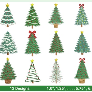 Pode incluir: Uma coleção de 12 desenhos de árvores de Natal bordados em vários estilos, incluindo árvores com estrelas, laços vermelhos, ornamentos e ramos nevados. O texto abaixo indica 12 desenhos com tamanhos de 2,54 cm a 15,24 cm.