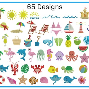May include: A collection of 65 embroidered designs featuring summer and beach themes, including palm trees, suns, waves, sandcastles, flip-flops, umbrellas, beach chairs, swimwear, sailboats, lighthouses, anchors, ice cream, cocktails, and sea creatures.