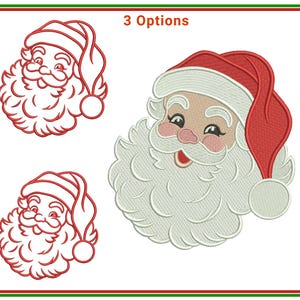 May include: An embroidery design featuring three variations of a Santa Claus head. Two versions are red line art outlines, while the third is a full-colour embroidered patch with a red hat, white trim, and a detailed white beard and moustache.