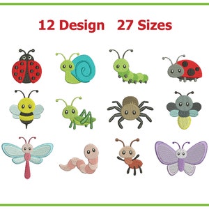 Könnte beinhalten: Ein Set mit 12 Stickmustern, die verschiedene Insekten zeigen, darunter einen Marienkäfer, eine Schnecke, eine Raupe, eine Biene, eine Heuschrecke, eine Spinne, ein Glühwürmchen, eine Libelle, einen Wurm und einen Schmetterling. Die Designs sind in 27 Größen erhältlich.