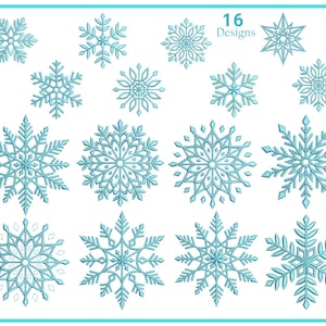 May include: A collection of 16 light blue snowflake designs arranged in a grid. Each snowflake features a unique geometric pattern with intricate branches and points, all rendered in a consistent cyan-blue color against a white background.