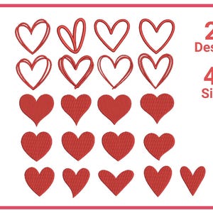 Puede incluir: Una colección de diseños de corazones rojos en varios estilos, incluyendo corazones delineados y sólidos. La imagen muestra 21 diseños y 43 tamaños, con un borde rosa.