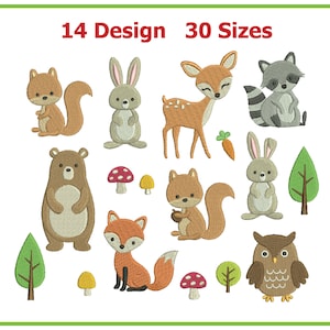 森の動物の刺繍、森の刺繍デザイン、動物の刺繍デザイン、かわいい動物の刺繍、14 のデザイン 30 サイズ