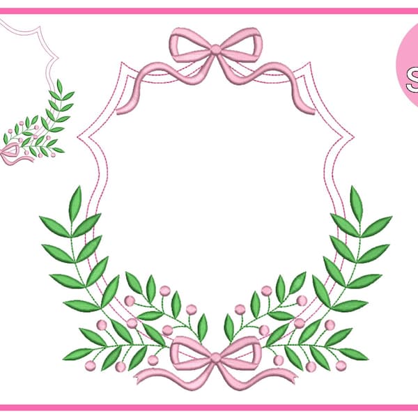 Banner frame boog borduursteek, groen embleem borduurontwerp, takken boog monogram satijnsteek bloemen borduurontwerpen