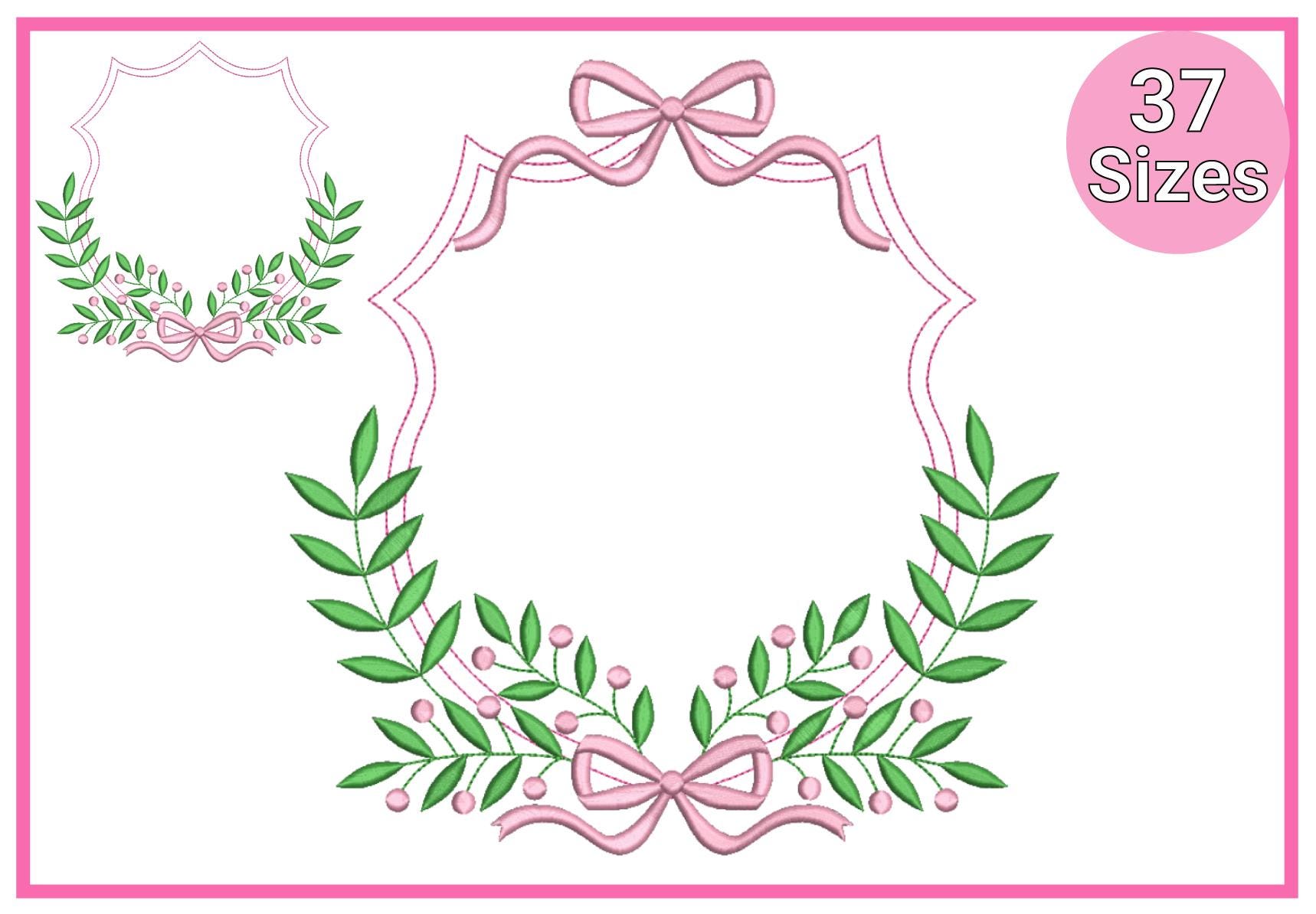 Banner Frame Bow Embroidery Stitch , Greenery Crest Embroidery design, Branches Bow Monogram Satin Stitch Floral Embroidery Designs