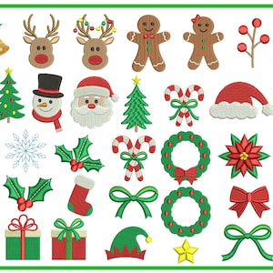 Può includere: Una collezione di ricami a tema natalizio. Include renne, omini di pan di zenzero, Babbo Natale, alberi di Natale, bastoncini di zucchero, fiocchi di neve, agrifoglio, ghirlande, fiocchi, regali, un cappello da elfo, campane, una stella e una calza.