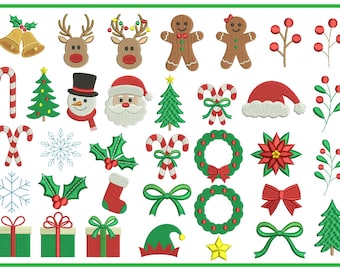 May include: A collection of embroidered Christmas-themed designs. Includes reindeer, gingerbread people, Santa, Christmas trees, candy canes, snowflakes, holly, wreaths, bows, gifts, an elf hat, bells, a star, a poinsettia, and a stocking.