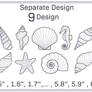 Puede incluir: Imagen con nueve diseños de conchas marinas separadas, incluyendo un caballito de mar y una estrella de mar, en un marco blanco. El texto "Separate Design 9 Design" está en la parte superior. Las medidas se dan en centímetros, de 3,8 cm a 15,2 cm.