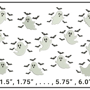 May include: An embroidery design featuring eleven pale green ghosts surrounded by small black bats. The text at the bottom displays the sizes 1.5", 1.75", 5.75", and 6.0" in inches, indicating the available dimensions for this digital pattern.