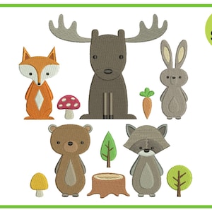 森の動物の刺繍、森の刺繍デザイン、動物の刺繍デザイン、かわいい動物のウサギ、鹿、アライグマ、キツネ、クマの刺繍
