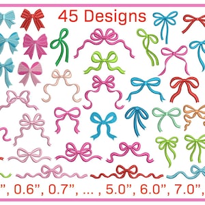 May include: A collection of 45 embroidered bow designs in various colors, including blue, pink, red, and green. The bows vary in style and size, ranging from 0.5" to 8.0" in width. The text "45 Designs" is displayed at the top.