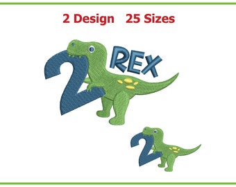 May include: Two embroidery designs featuring a green dinosaur holding a blue number 2. The larger design includes the word "REX" in blue letters.