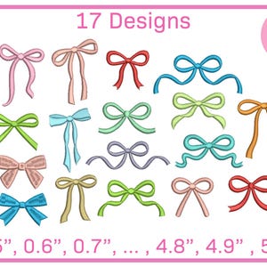 May include: An image featuring 17 different bow designs in various colors, including pink, red, blue, and green. The image also displays the text "17 Designs" and "46 Sizes", with size measurements ranging from 0.5" to 5.0".