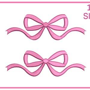 May include: Two pink bow designs with flowing ribbons, set against a white background within a pink border. The text "111 SIZES" is displayed in the upper right corner. These designs are suitable for various crafting projects.