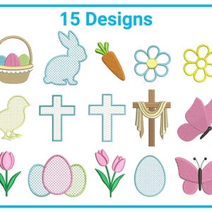 May include: An image with the text "15 Designs" showcases embroidered Easter-themed designs. These include a basket with eggs, a bunny, a carrot, flowers, crosses, a butterfly, tulips, and Easter eggs. The designs are in pastel colours.