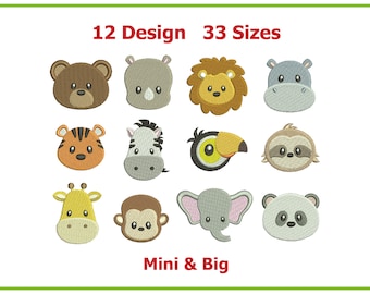 Op de afbeelding: Een set van 12 schattige dierengezichts-borduurmotieven in 33 verschillende maten, met het label "Mini & Big". De ontwerpen omvatten een beer, neushoorn, leeuw, nijlpaard, tijger, zebra, toekan, luiaard, giraffe, aap, olifant en panda.