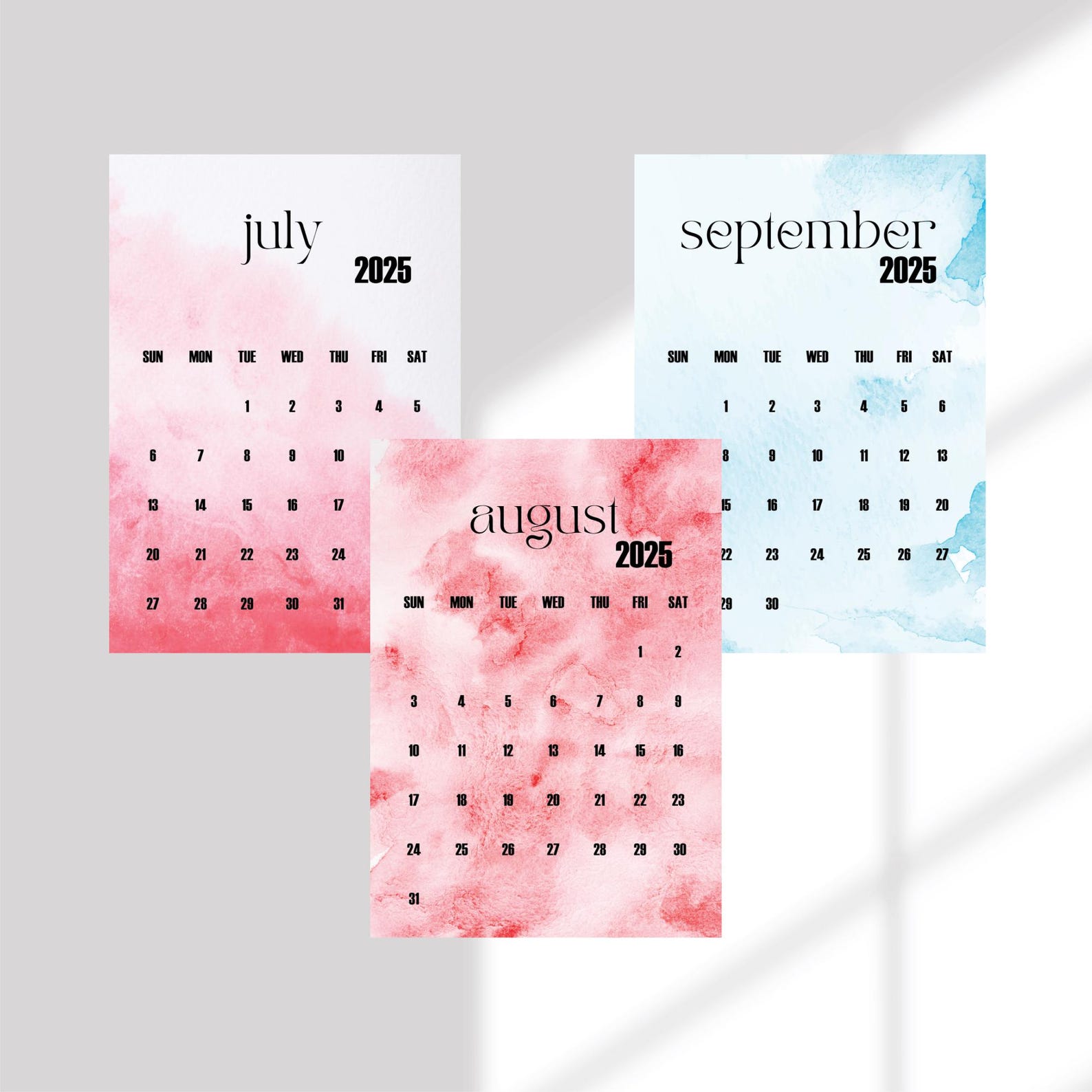 2025 6 Month Printable Calendar, Watercolor Design Background, Sunday ...