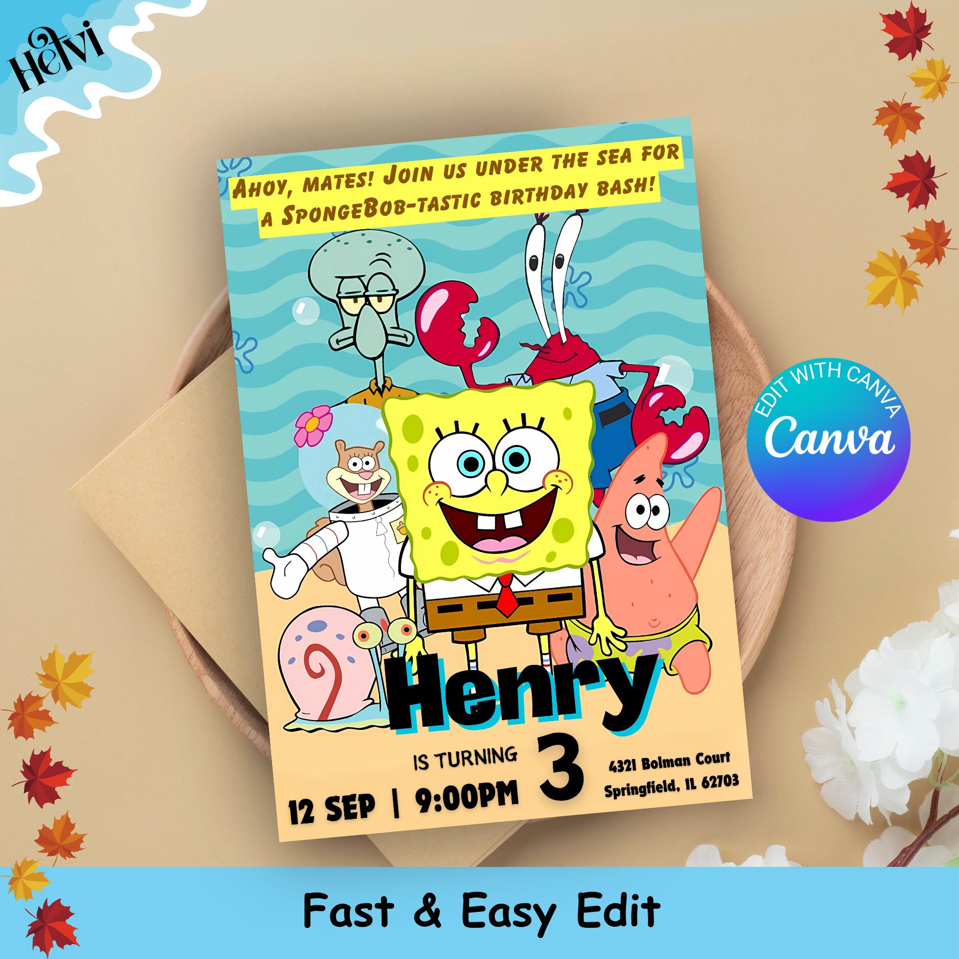 Spongebob Squarepants Birthday Invitation Editable Canva Invitation, Digital Download - Etsy