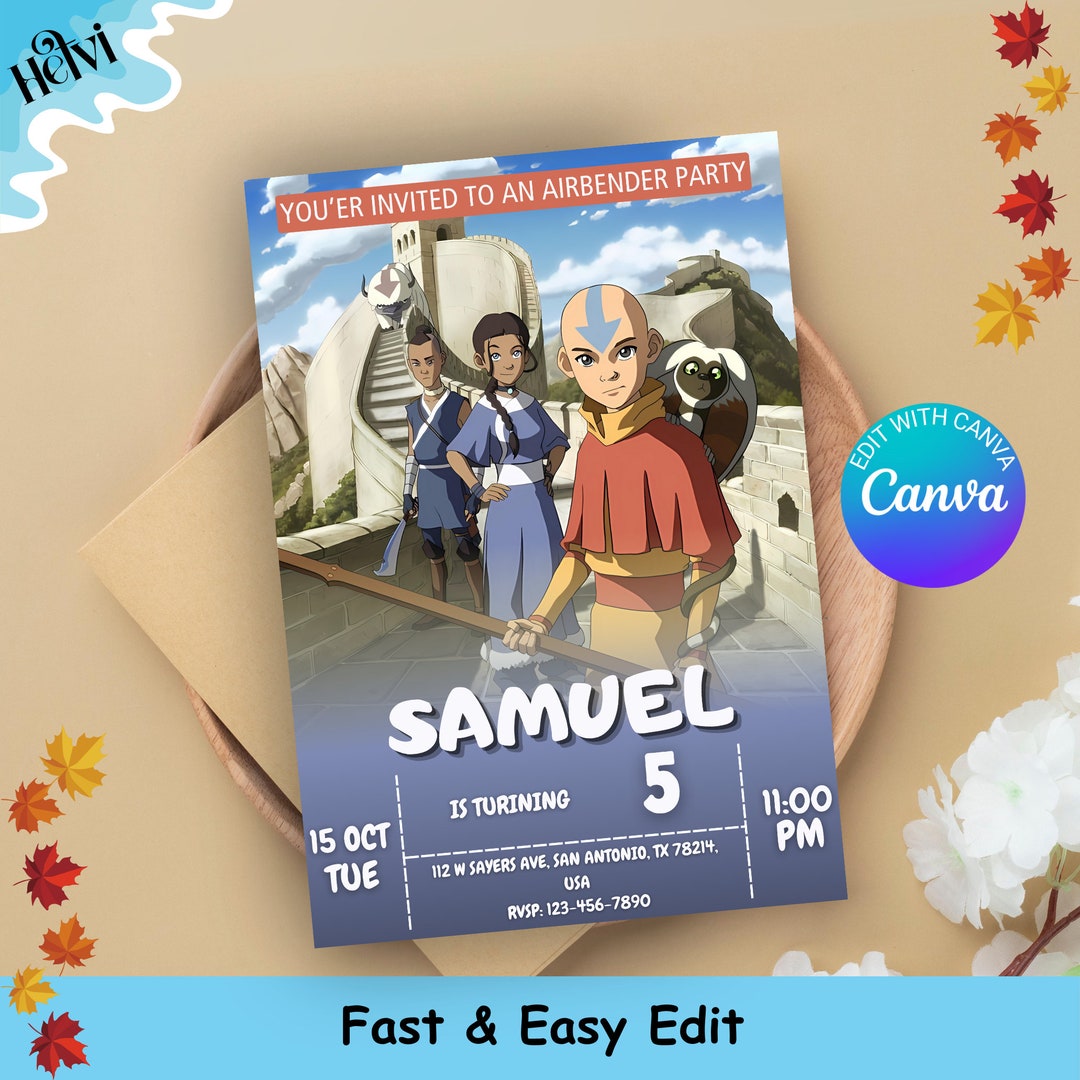 Personalized Avatar the Last Airbender Birthday Card, Kids Pool Party ...