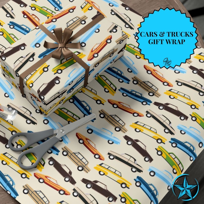 Car Wrapping Paper. Vibrant Ecoluxury Vintage Car Lover Birthday Theme
