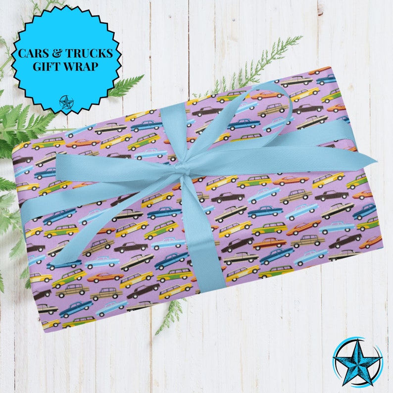 Car Wrapping Paper. Vibrant Ecoluxury Vintage Car Lover Birthday Theme