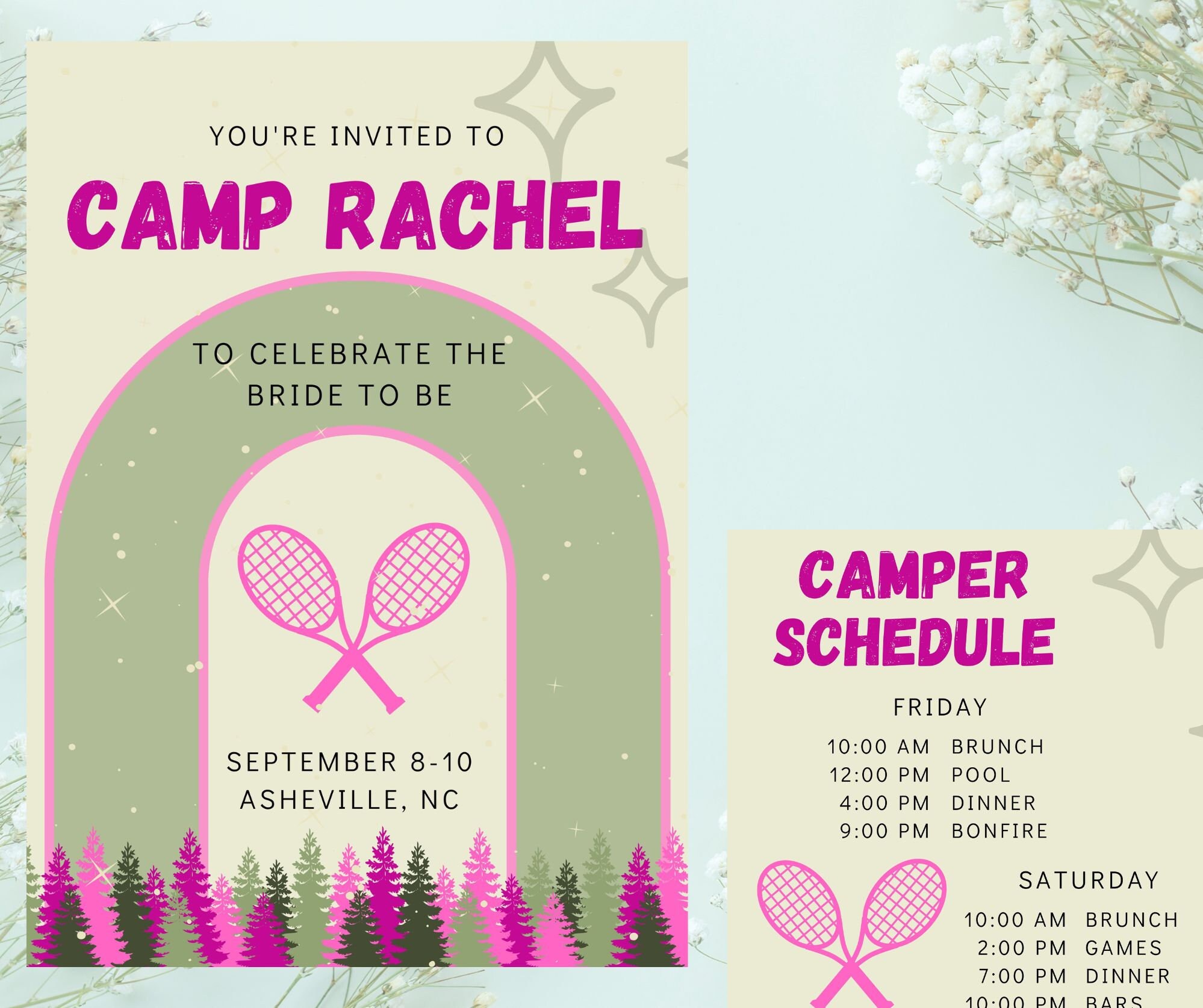 Camp Bachelorette Party Invite and Itinerary / Parent Trap