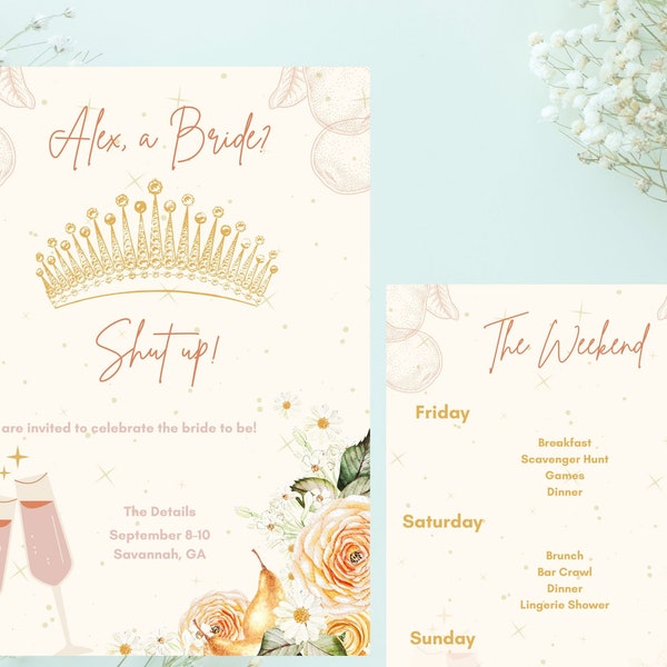 Princess Diaries Bachelorette Invitation and Itinerary / Me a Bride Shut up / Princess Diaries / Bachelorette Itinerary