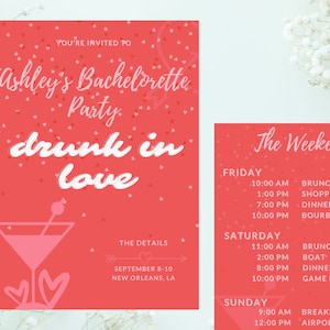 Dronken in liefde Bachelorette uitnodiging of e-mail / Bachelorette reisplan / roze en rode Bachelorette uitnodiging / Martini Bachelorette