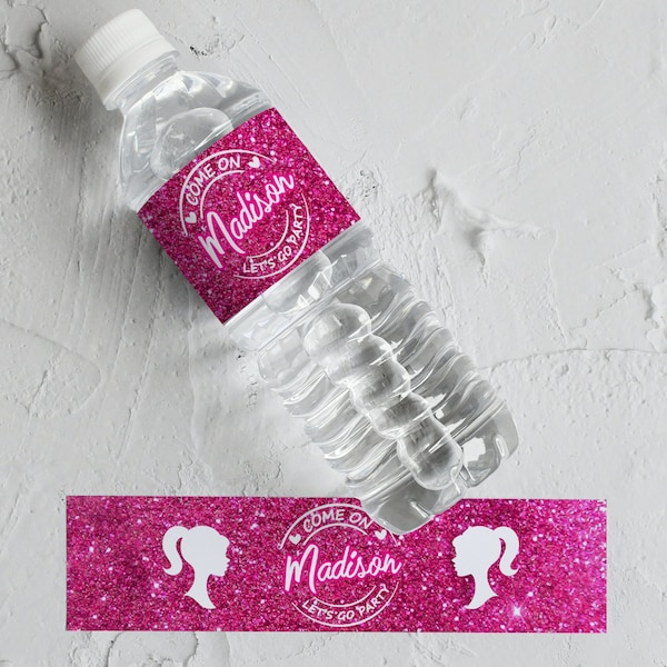 Barbi Water Bottle Labels, Pink Doll Water Bottle Labels, Barbi Birthday Decor, Barbi Water Bottles, Pink Birthday Water Bottle Labels