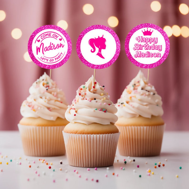 Editable Hot Pink Glitter Fashion Doll Birthday Cupcake Toppers Template, Pink Glitter Party, Instant Download image 5