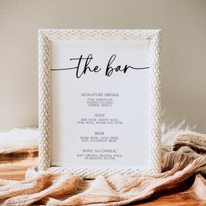 The Bar Sign, Modern Drink Menu Template, Minimalist Wedding Bar Menu, Simple Wedding Drink Menu Printable