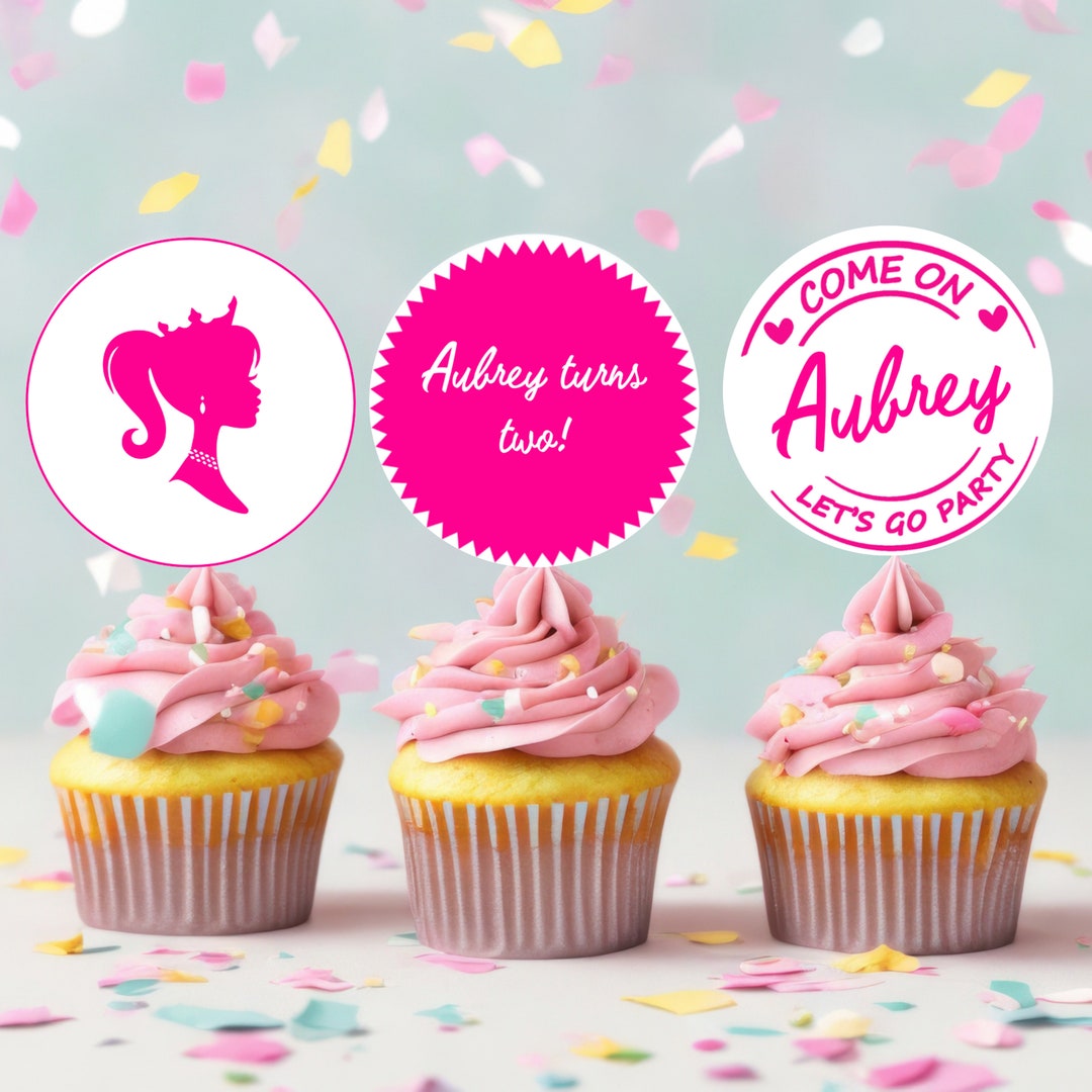 Editable Hot Pink Glitter Fashion Doll Birthday Cupcake Toppers ...
