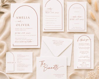 Conjunto de invitaciones de boda en terracota, plantilla de boda con arco moderno, tarjeta de agradecimiento para reservar la fecha, papelería de boda editable de Corjl