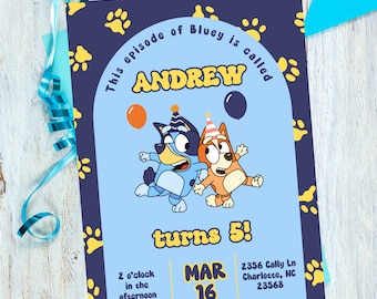 Modèle d'invitation d'anniversaire chien bleu, invitation de fête d'enfants modifiable, invitation d'anniversaire chien bleu, invitation de fête d'anniversaire de garçons