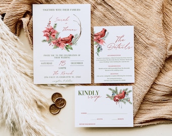 Plantilla de invitación de boda de invierno, conjunto editable de invitaciones de boda navideñas, invitación de boda con cardenal