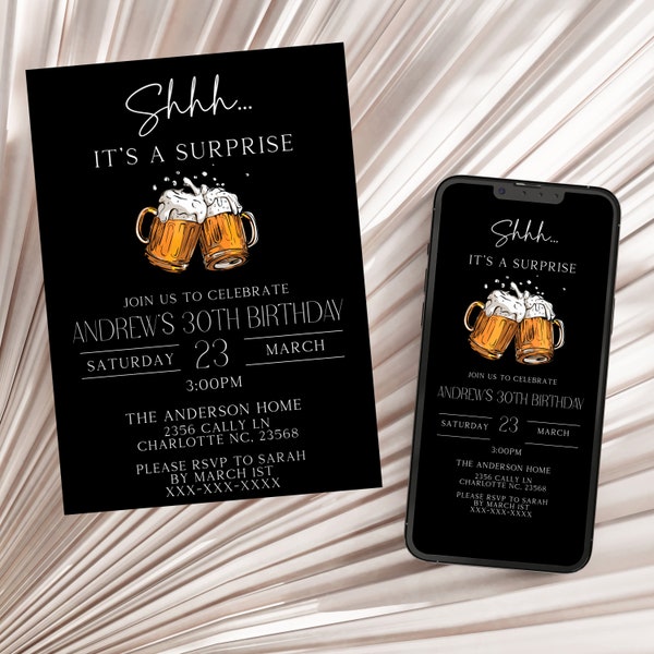 Beer Surprise Birthday Party Invitation, 30th 40th 50th Adult Birthday Invite, DIY Instant Printable Digital Download