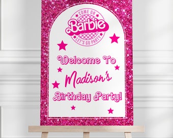 Panneau de bienvenue modifiable pour fête Barbie, fête d'anniversaire de poupée rose, décoration de fête Barbie, décoration rose, enseigne numérique, modèle imprimable