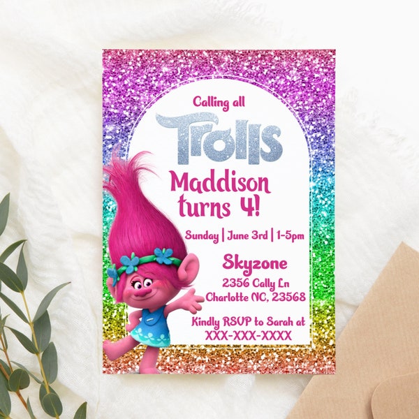 Trolls Birthday Invitation, Printable Trolls Invitation, Kids Birthday Party Invite