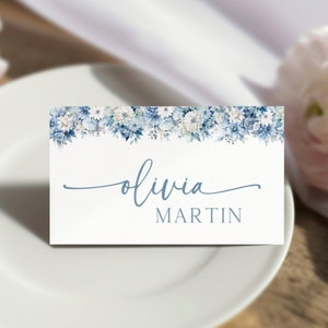 Plantilla de tarjeta de nombre azul polvoriento, Plantilla de tarjeta de mesa de boda bohemia, Tarjetas de nombre imprimibles, Plantilla de tarjeta de mesa minimalista moderna