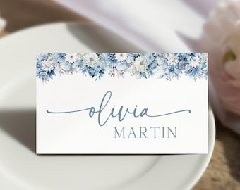 Dusty Blue Name Card Template, Bohemian Wedding Place Card Template, Printable Name Cards, Modern Minimalist Place Card Template